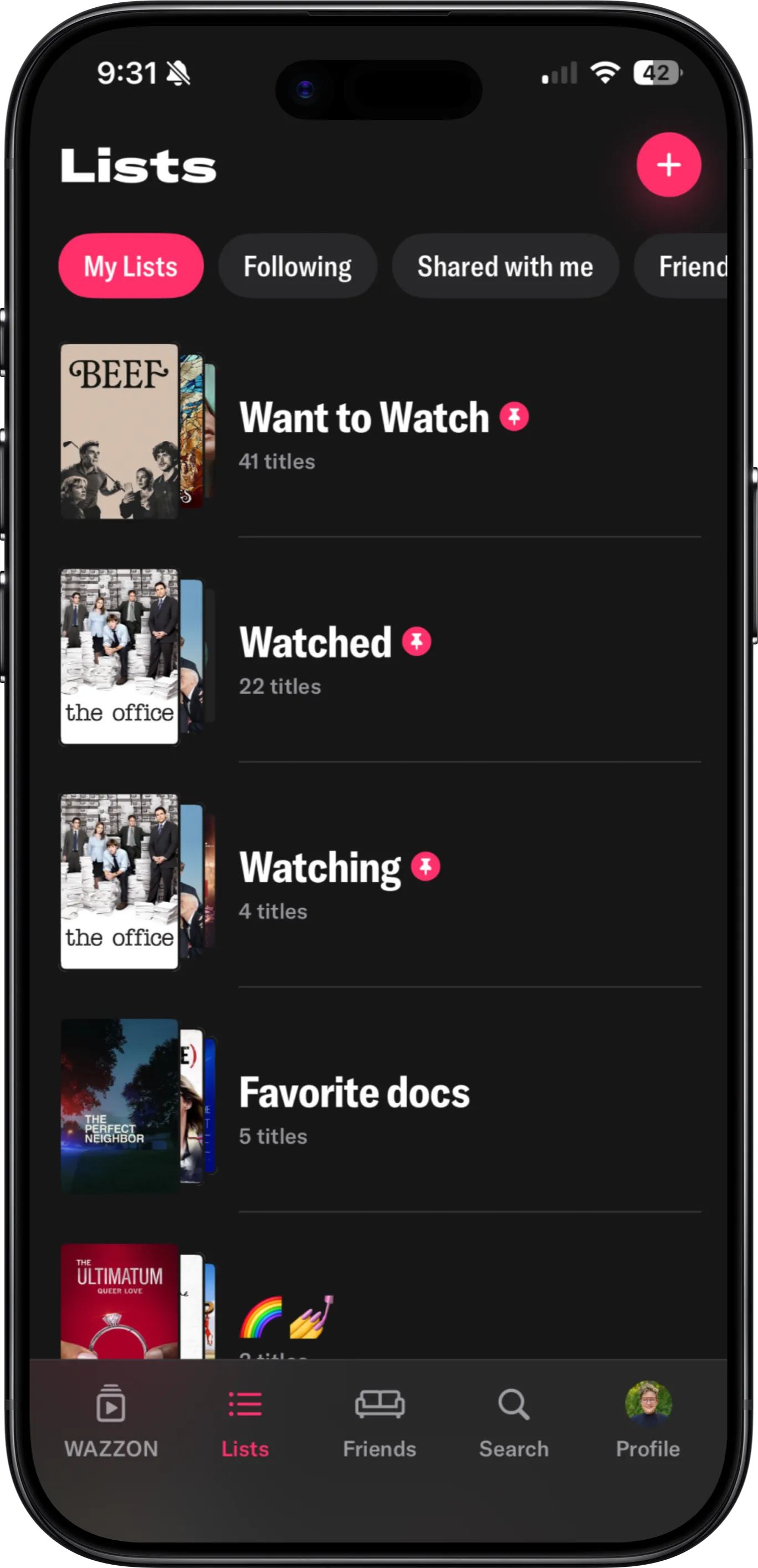 The Lists tab, with tabs for My Lists, Following, Shared with me and Friends, over lists like Want to Watch and Watched.