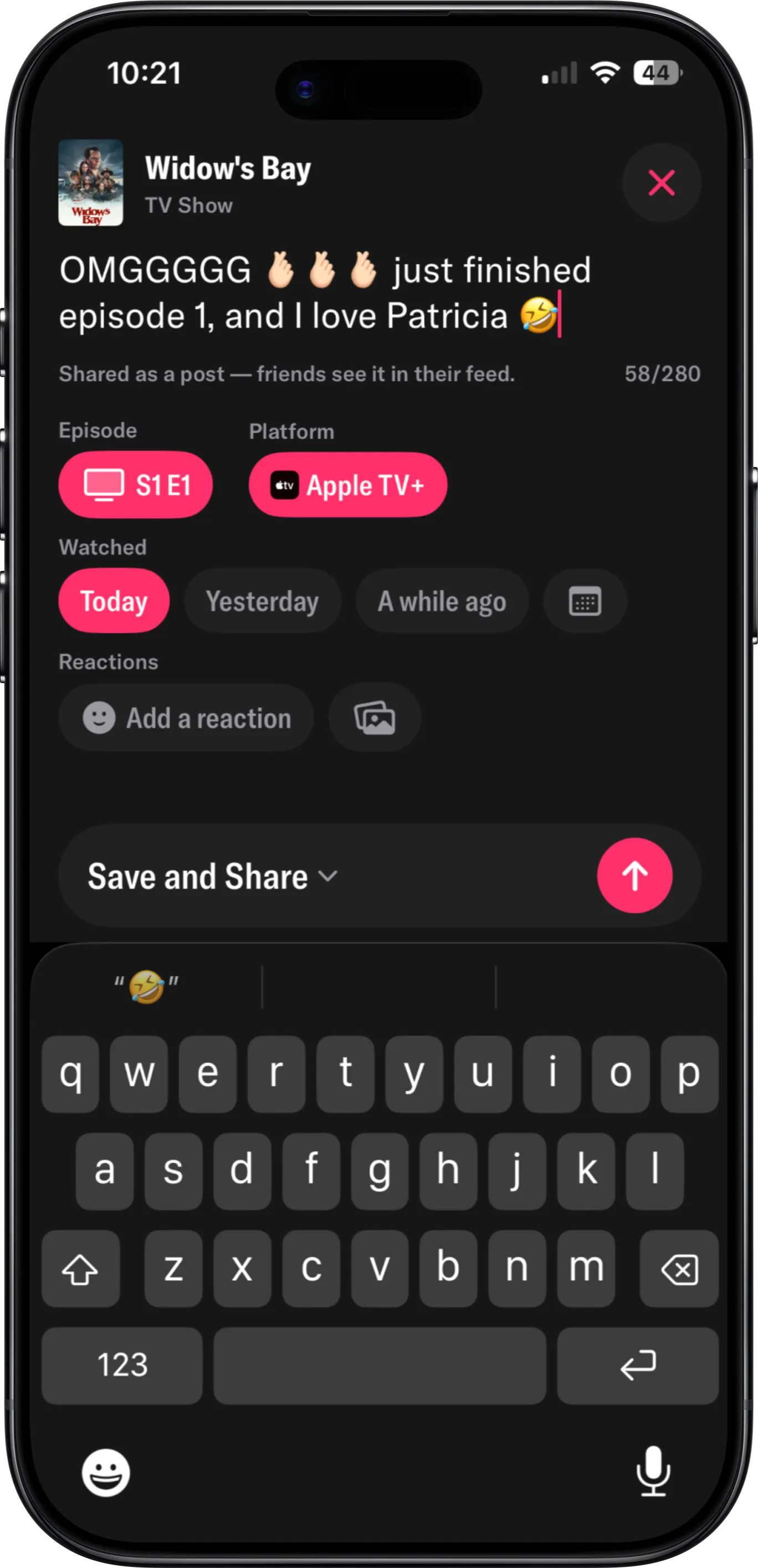 The compose sheet for logging Widow's Bay, keyboard up, with episode, platform and when you watched it already picked.